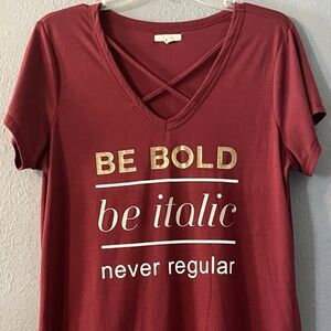 Maurices Font Design Casual‎ Tee Women’s XL Burgundy Criss-Cross Neckline Stretc